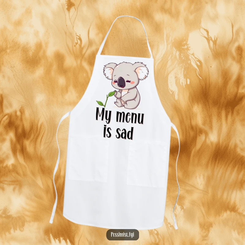 Funny koala apron showing a cute character looking down with concern at a single, wilting leaf, ideal for kitchen eco-humor.