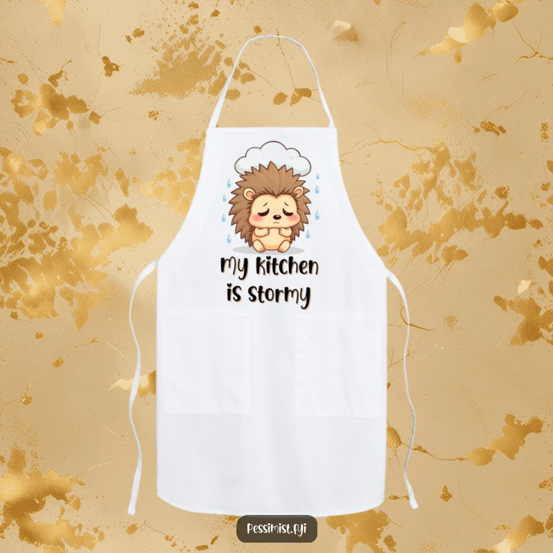 Funny sad hedgehog apron showing a character under a rain cloud, sighing, ideal for kitchen humor and protection during gloomy cooking.
