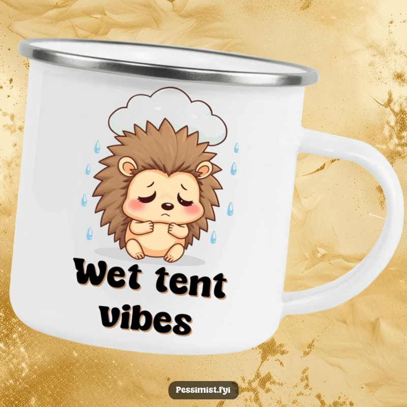 Funny sad hedgehog camping mug showing a character under a rain cloud, sighing, perfect for outdoor enjoyment and relatable humor.