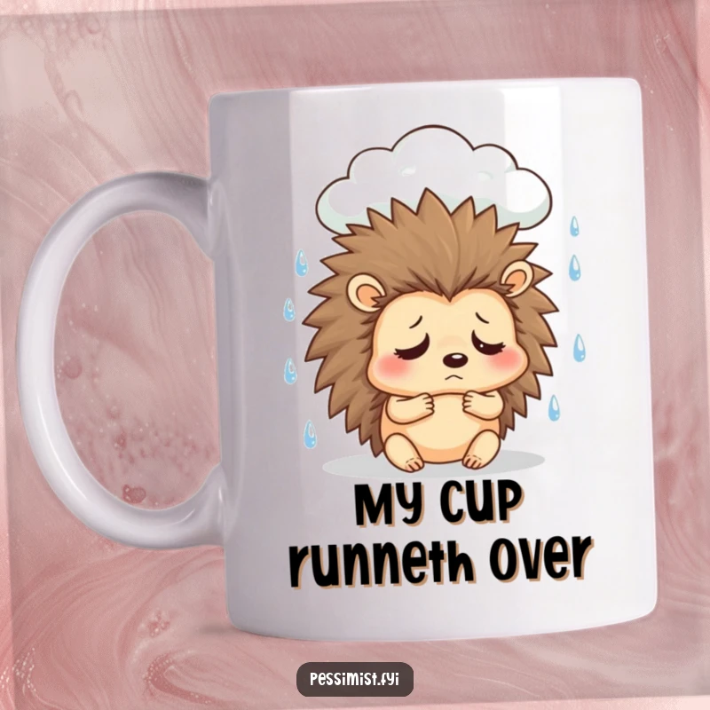 Funny sad hedgehog mug showing a character surrounded by a rain cloud, sighing heavily, capturing relatable gloomy day humor.