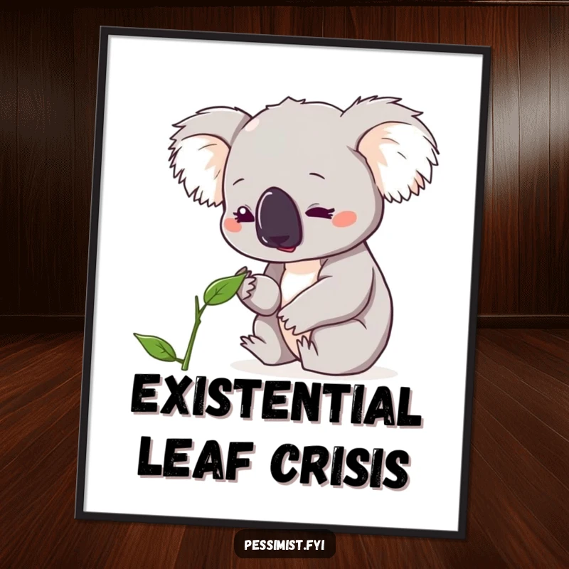 Funny koala digital art print featuring a character looking down with concern at a single, wilting leaf, offering instant eco-humor decor.