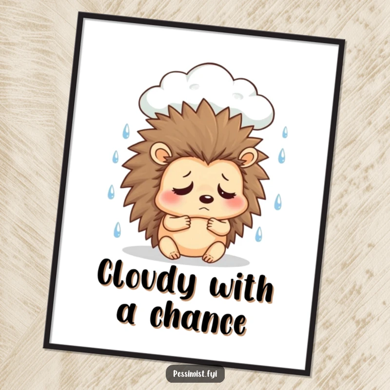 Funny sad hedgehog digital art print featuring a character under a rain cloud, sighing, offering instant relatable humor and decor.