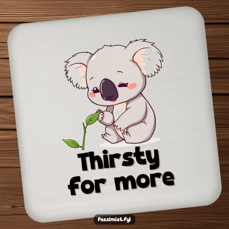 Funny koala drink coasters showing a character looking down with concern at a single, wilting leaf, perfect for eco-humorous surface protection.