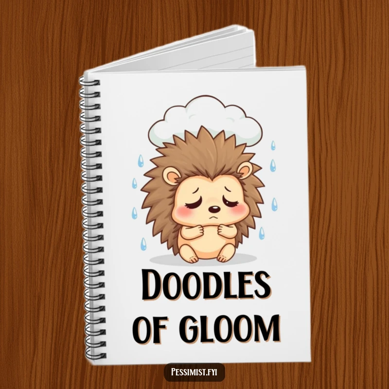 Funny sad hedgehog notebook with a character under a rain cloud, sighing, perfect for journaling thoughts with relatable humor.