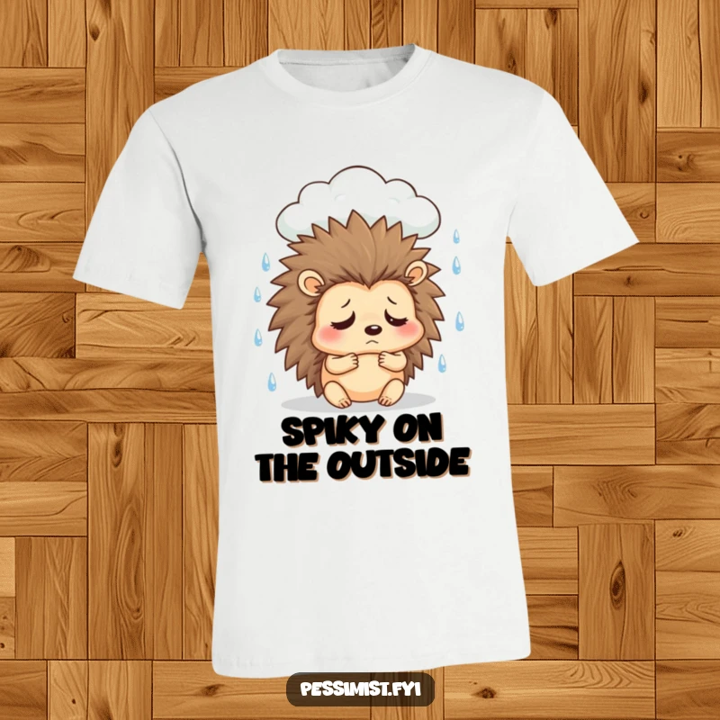 Funny sad hedgehog t-shirt with a character surrounded by a rain cloud, sighing, conveying relatable feelings of melancholy.